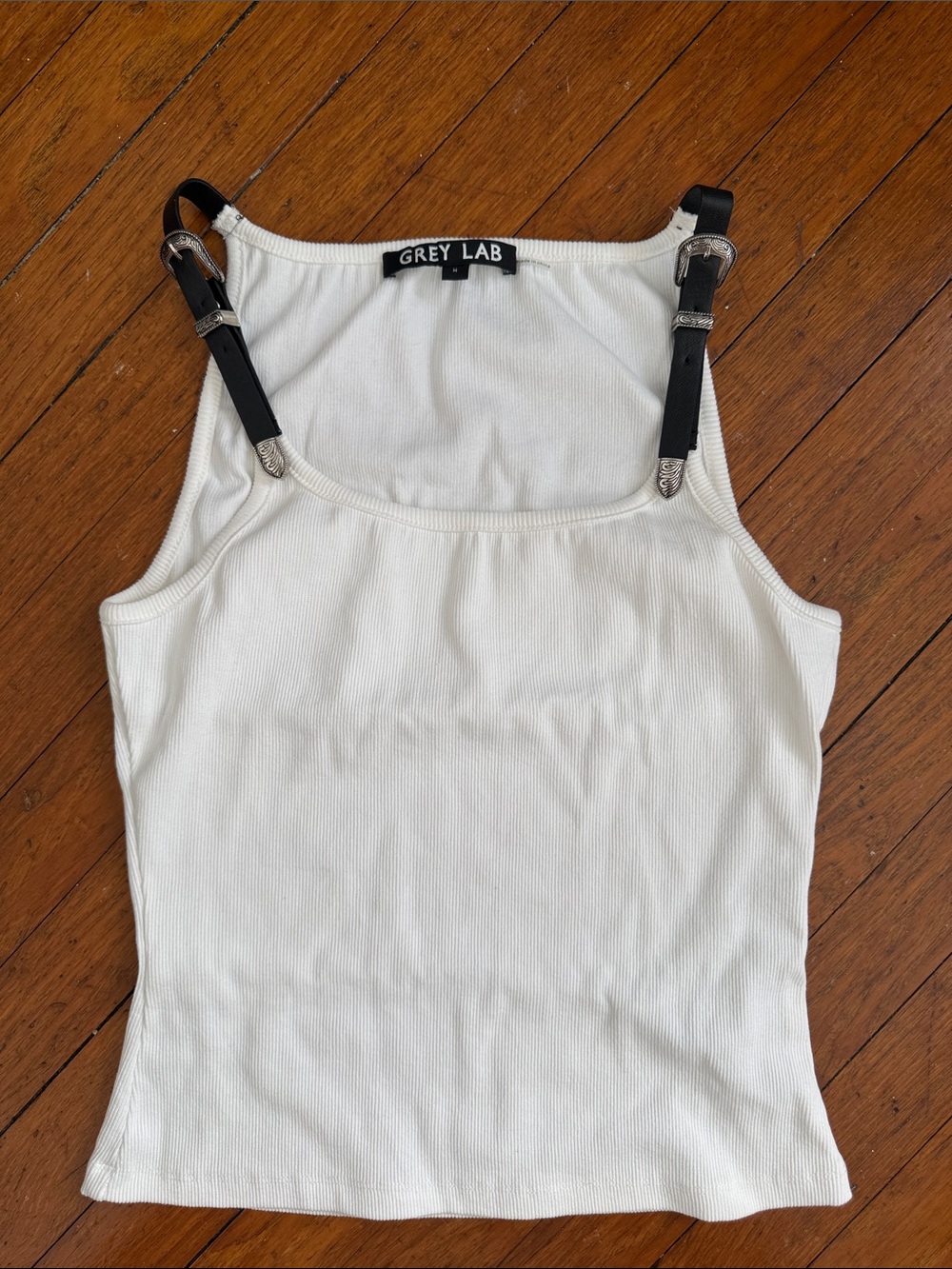 Grey Lab White Ribbed Tank with Black Buckle Straps - Sz M